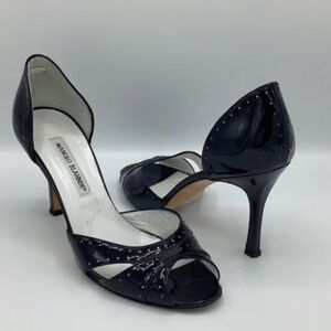 PRE OWNED MANOLO BLAHNIK LEATHER PEEP TOE SZ 39 HEEL SHOES DESIGNER
